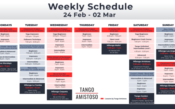 Maitrī Milonga, NEW Followers Technique, NEW Courses: Voleos & Ganchos on Wednesdays in Soho, Beginner’s Crash Course, DeMilonga